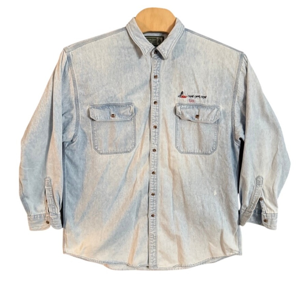 Snowshoe Thompson Vintage Vail Dog Sledding Denim Shirt Light Wash Mens XL